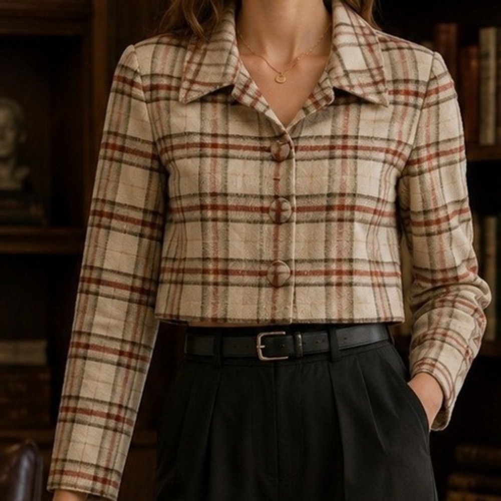 Vintage 90's Plaid Crop Blazer Silk Shimmer‎ USA 8 Academia Office